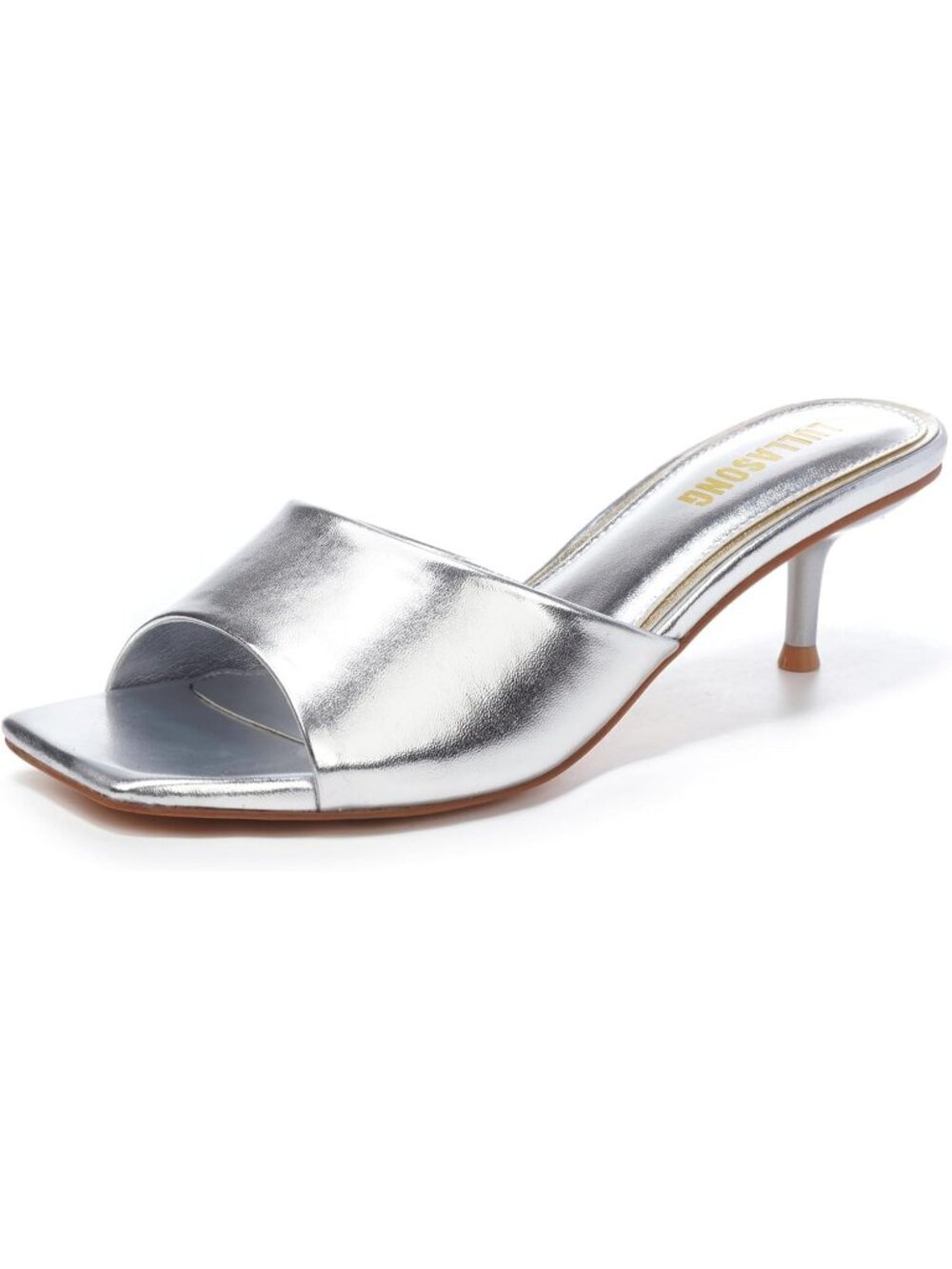 Women's Silver Faux Leather Square Open Toe Low Heels 2 Inch Heeled Sandals